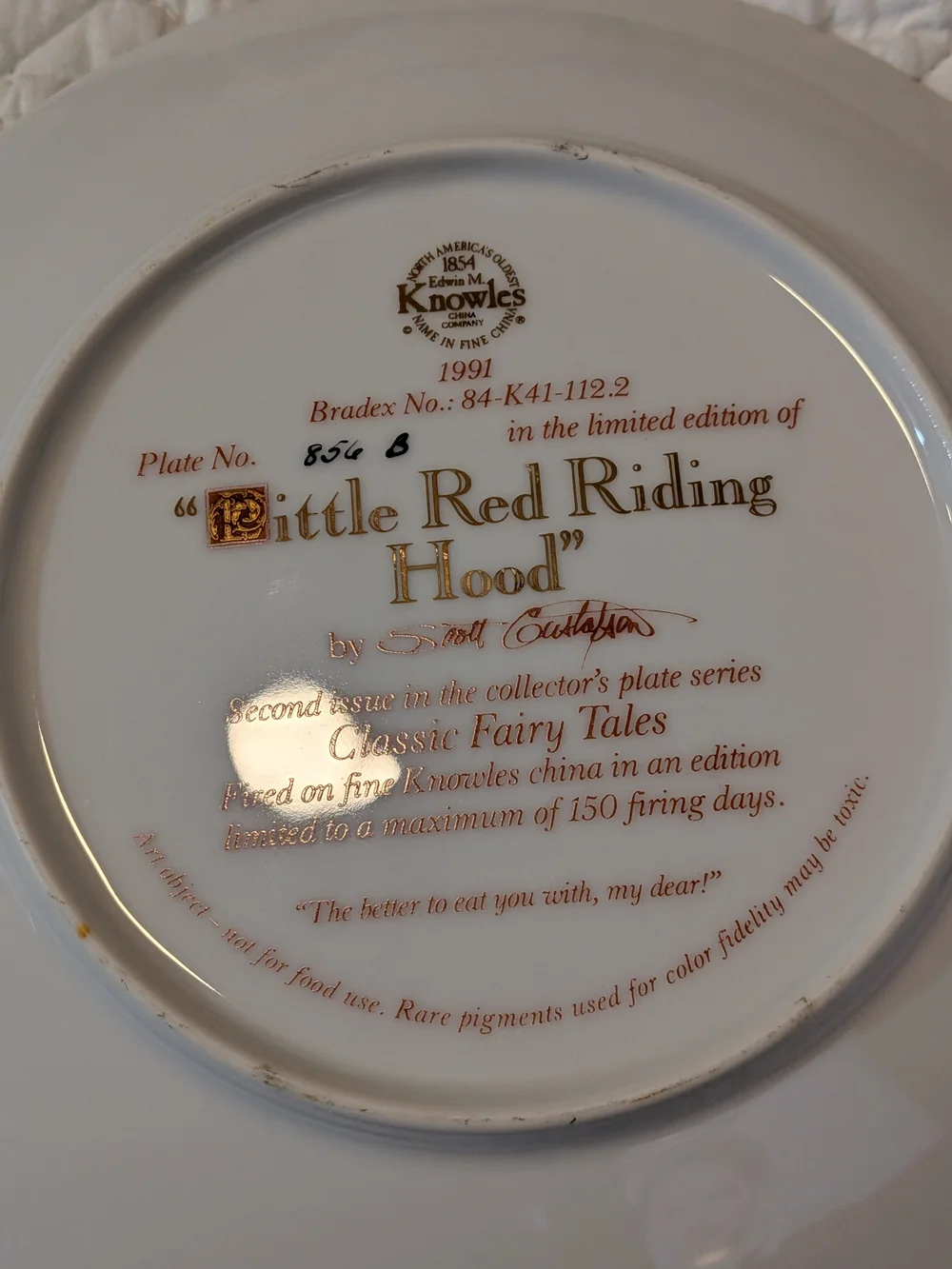 1991 Little Red Ridding Hood Knowles Gold-Trim Storybook Illustration Plate